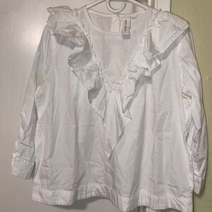 Guest Editor Womens S white Ruffle Blouse Button Back 100% Cotton Cute Office